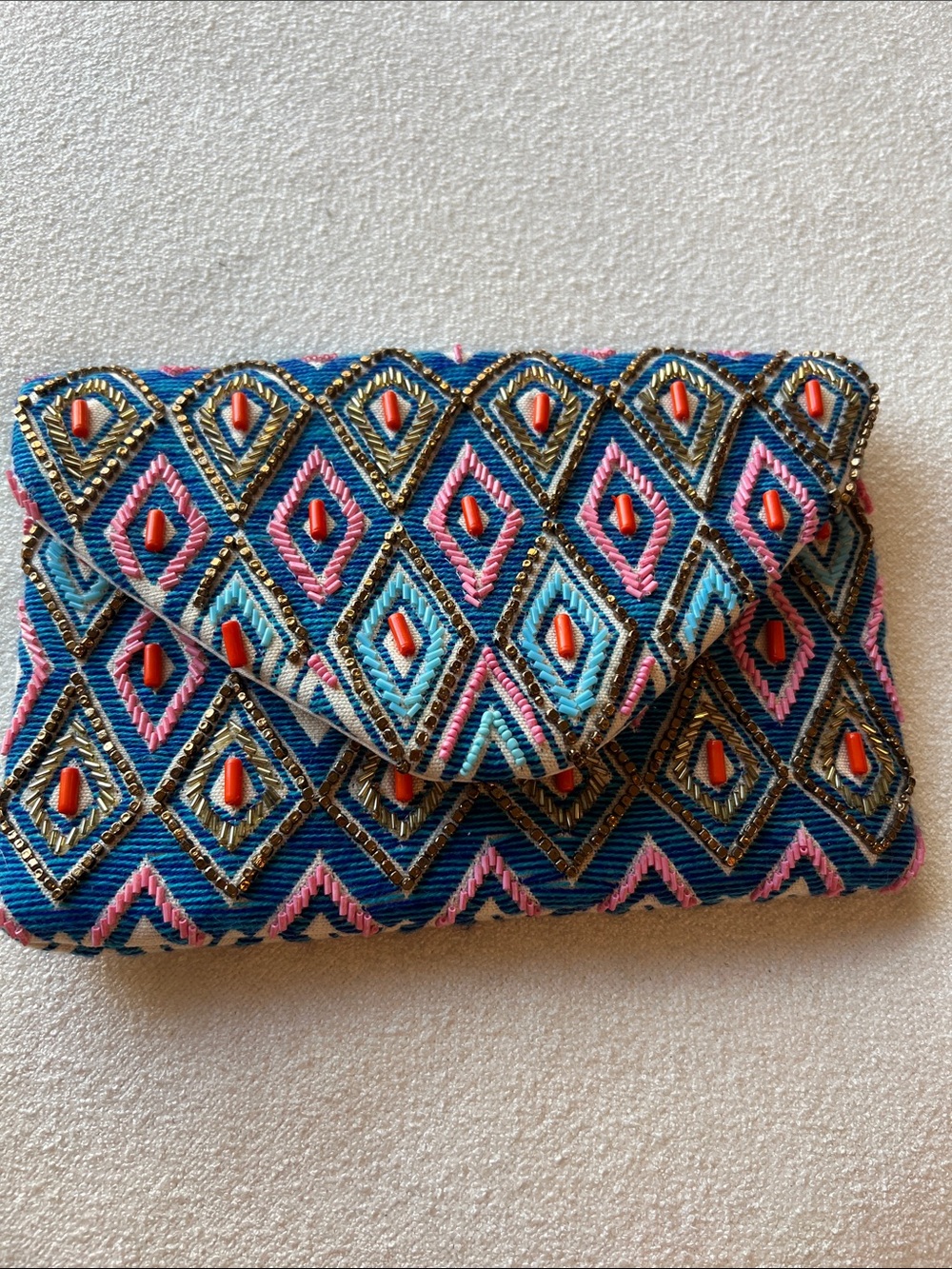 Blue Embroidered Diamond-Pattern Clutch